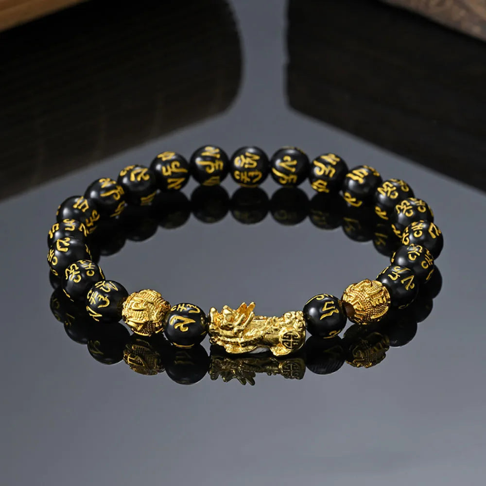 Pulseira Feng Shui Pixiu da Prosperidade com Obsidiana Negra - Pulseira Elástica com Contas de Buda da Prosperidade