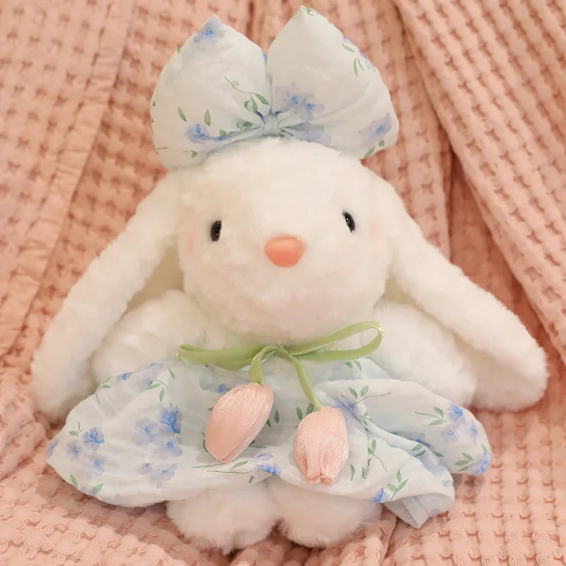 Lindo coelho de pelúcia, colorido, macio e fofo, com vestido de chiffon, boneca para acalmar e dormir, presente de aniversário.