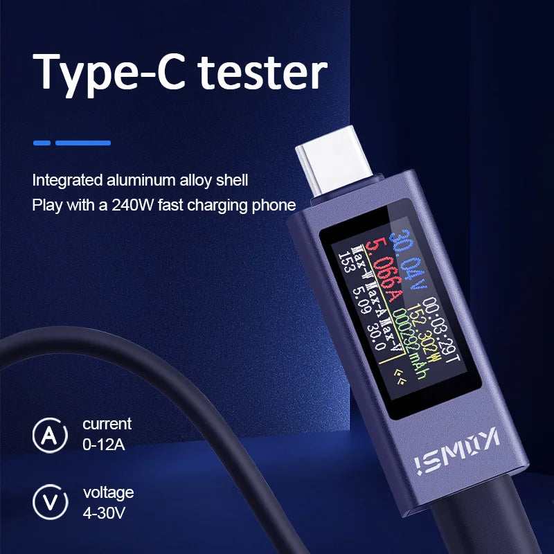 USB Type-C Digital Power Meter - DC Voltage Ammeter Tester 4-30V 12A with LED Display