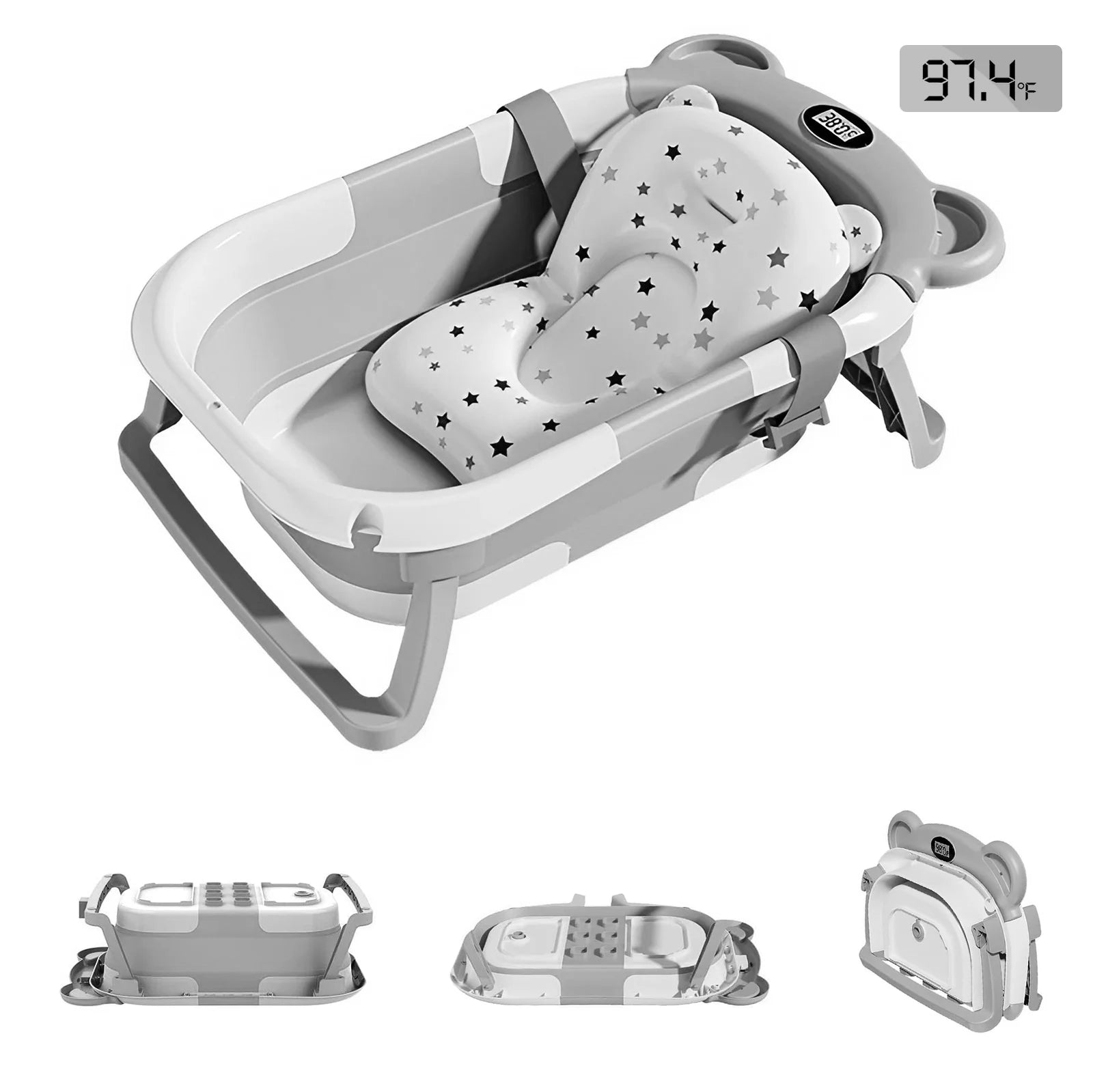 Portable Collapsible Baby Bathtub – Travel Bathtub with Thermometer & Cushion