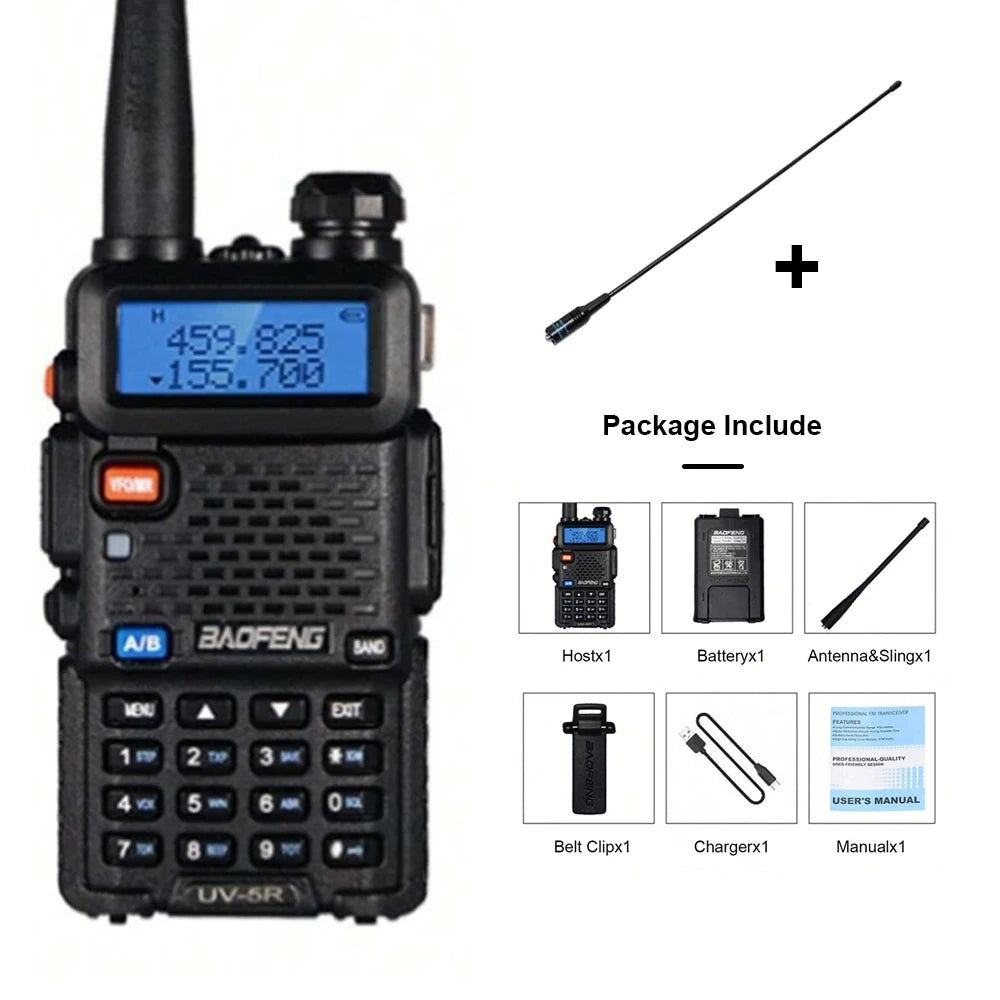 Rádio bidirecional Baofeng UV-5R - Rádio amador de banda dupla VHF/UHF com carregamento USB