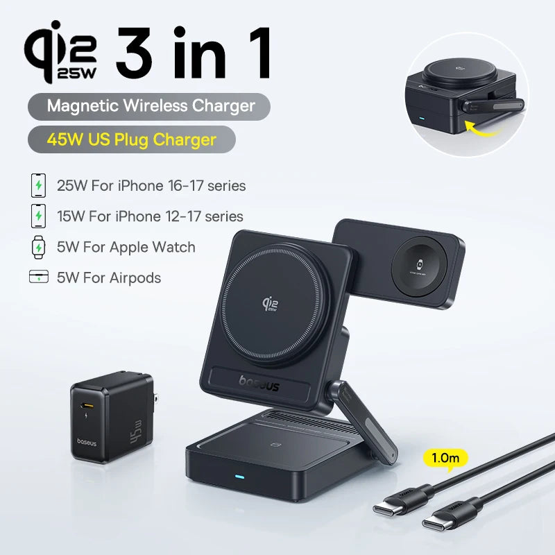 Baseus 3-in-1 Magnetic Wireless Charger – Qi2 25W Fast Charging for iPhone, Apple Watch & AirPods