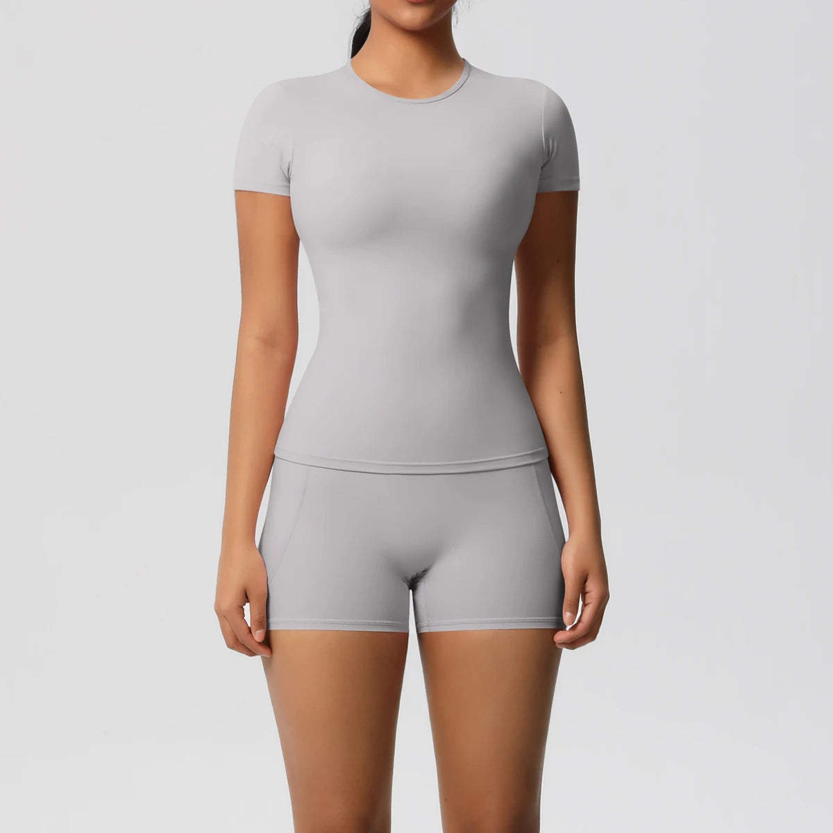 Conjunto de 2 Peças Feminino para Treino - Camisa Push-Up e Shorts Cintura Alta para Yoga e Fitness