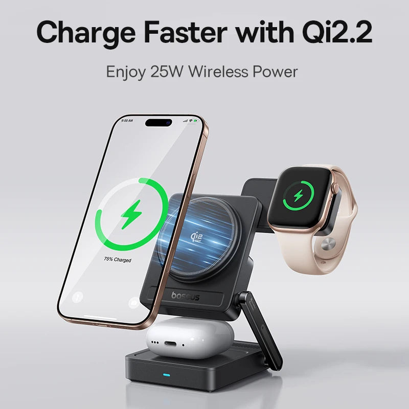 Baseus 3-in-1 Magnetic Wireless Charger – Qi2 25W Fast Charging for iPhone, Apple Watch & AirPods