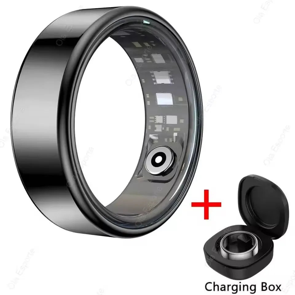 Anel Inteligente R09 para Homens e Mulheres com Estojo de Carregamento, Monitor de Frequência Cardíaca, Oxigenação Sanguínea e Temperatura da Pele, Resistente à Água 5ATM para Android e iOS