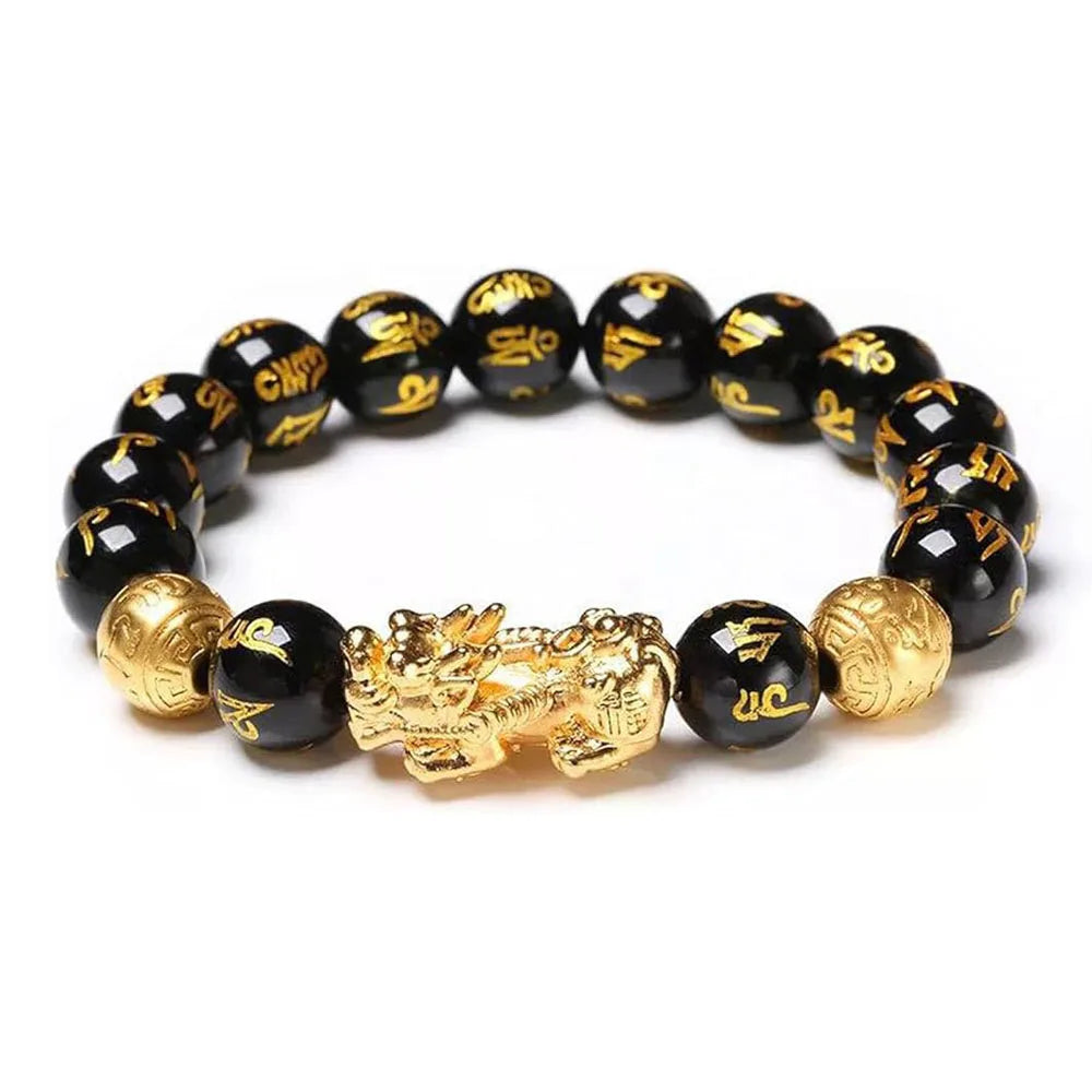 Pulseira Feng Shui Pixiu da Prosperidade com Obsidiana Negra - Pulseira Elástica com Contas de Buda da Prosperidade