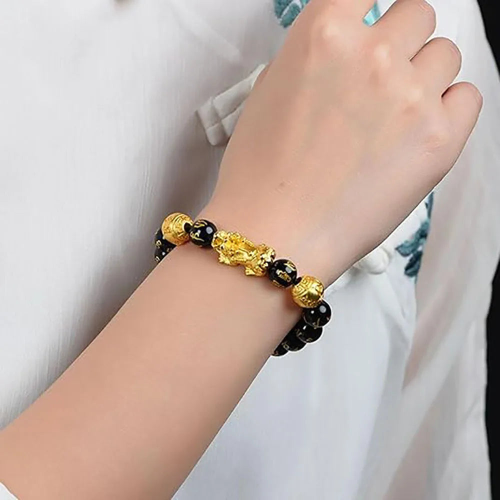 Pulseira Feng Shui Pixiu da Prosperidade com Obsidiana Negra - Pulseira Elástica com Contas de Buda da Prosperidade