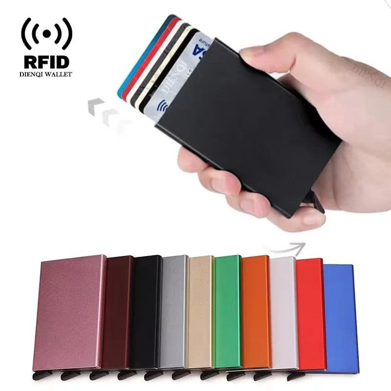 Carteira inteligente RFID, porta-cartões, fina e elegante, em metal, para homens e mulheres. Carteira minimalista com abertura automática, pequena e preta.