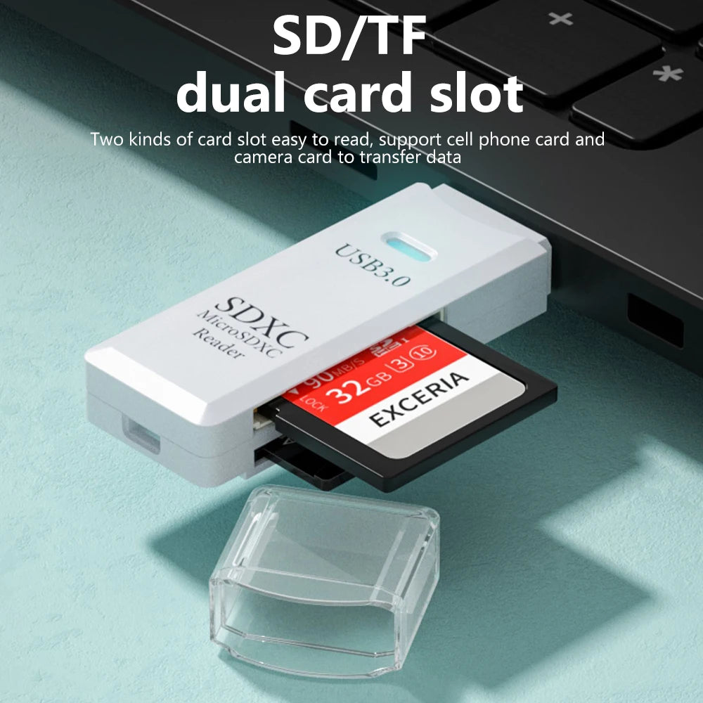 Leitor de cartão USB 3.0 2 em 1, leitor de cartão Micro TF SD, adaptador USB, leitor de cartão de alta velocidade, leitor de cartão de memória TF para acessórios de PC e laptop.