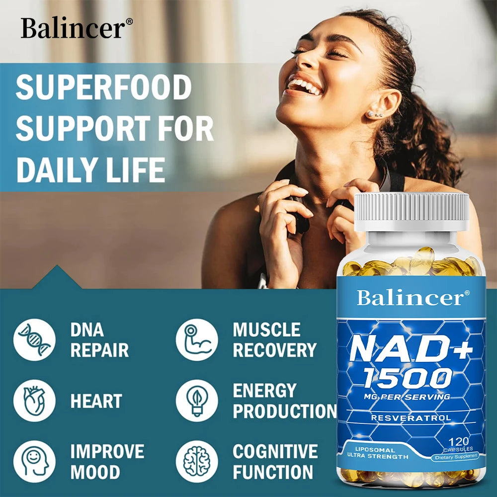 Suplemento NAD+, com Resveratrol, Suplemento de Energia Natural, Apoio à Saúde Celular, Antienvelhecimento, Aumento da Imunidade - 120 Cápsulas