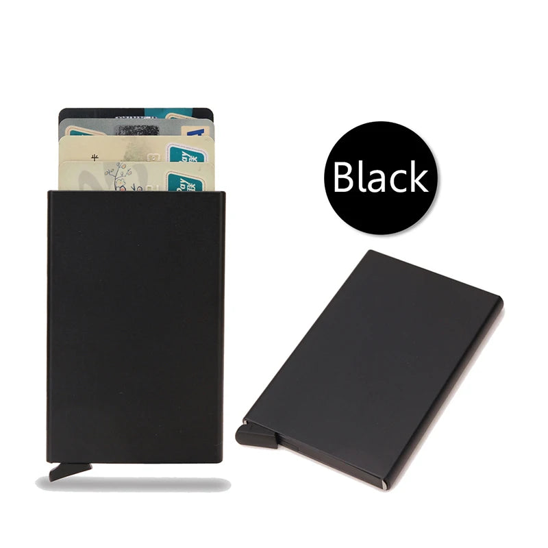 Carteira inteligente RFID, porta-cartões, fina e elegante, em metal, para homens e mulheres. Carteira minimalista com abertura automática, pequena e preta.