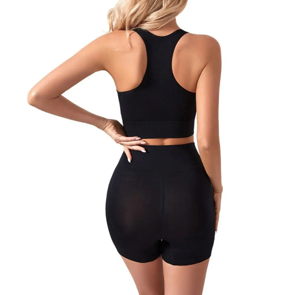 Women's 2-Piece Breathable Ribbed Workout Set - Sports Bra & High Waist Shorts (Summer Active Set)
