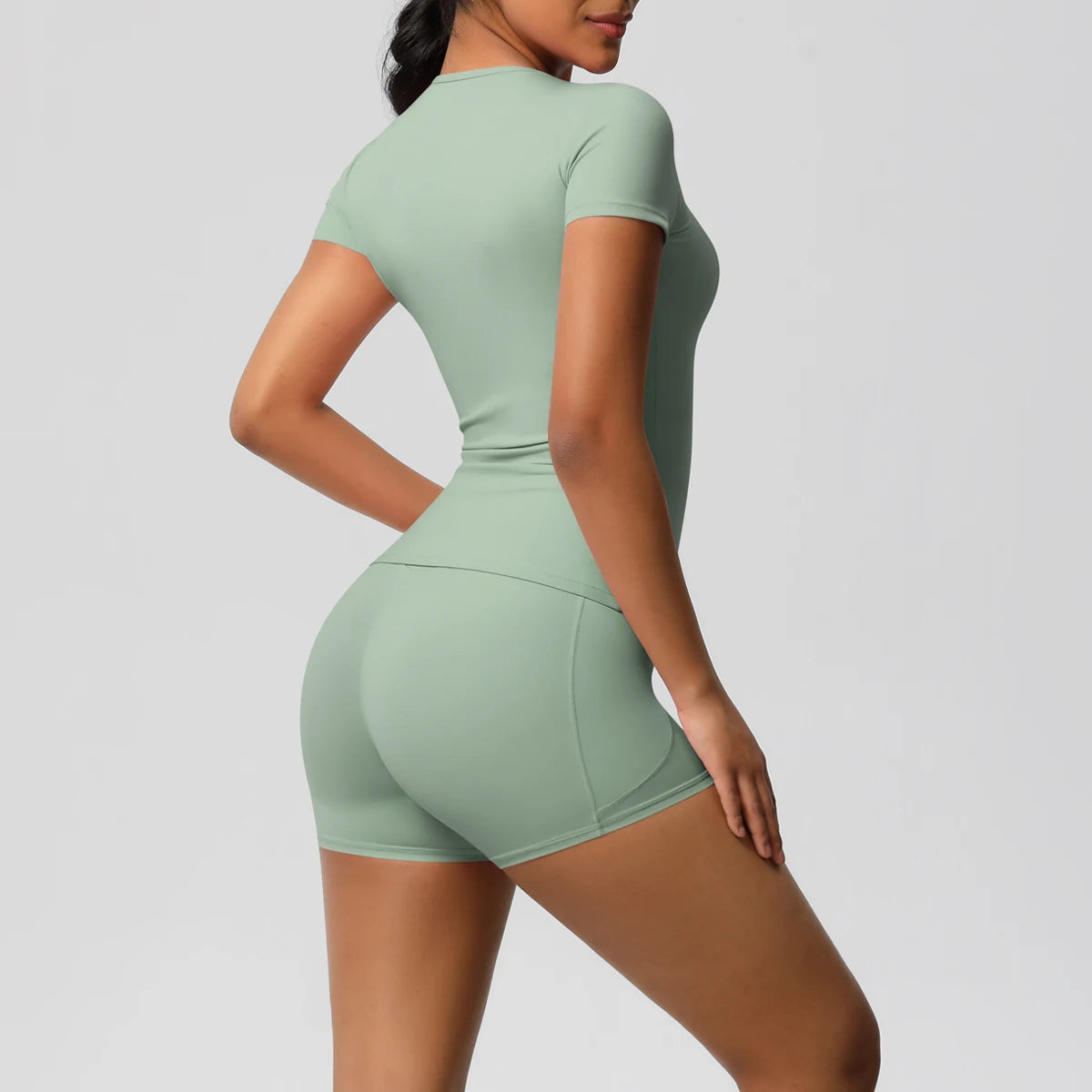 Conjunto de 2 Peças Feminino para Treino - Camisa Push-Up e Shorts Cintura Alta para Yoga e Fitness