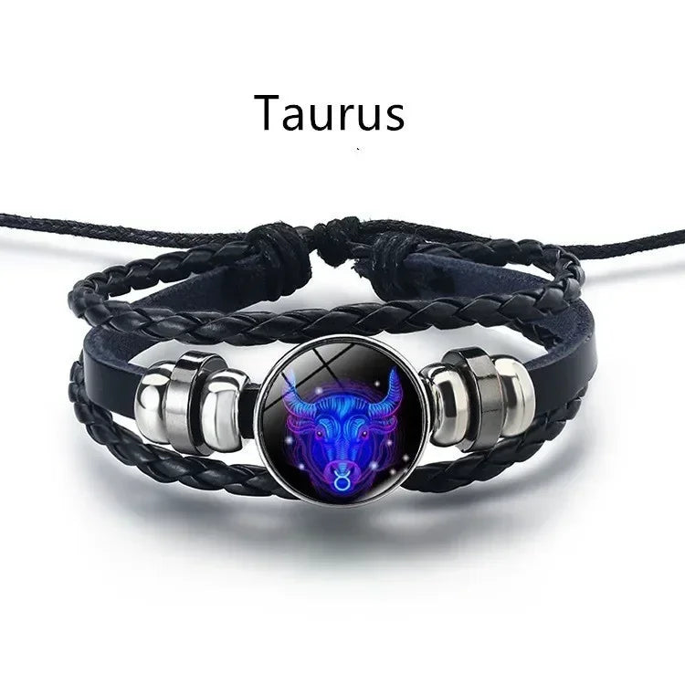 Pulseira ajustável e luminosa do zodíaco - Pulseira espiritual em couro PU que brilha no escuro