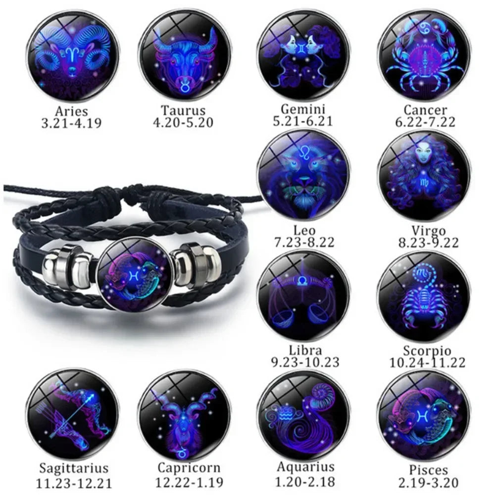 Pulseira ajustável e luminosa do zodíaco - Pulseira espiritual em couro PU que brilha no escuro