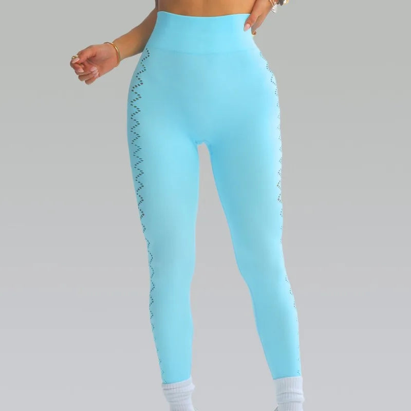 Calça legging de ioga vazada para mulheres - Calça legging de treino de cintura alta que levanta o quadril