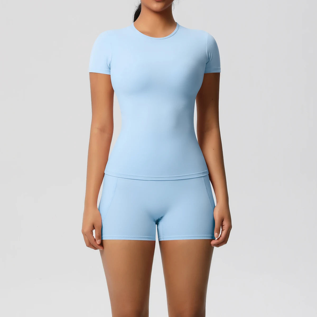 Conjunto de 2 Peças Feminino para Treino - Camisa Push-Up e Shorts Cintura Alta para Yoga e Fitness