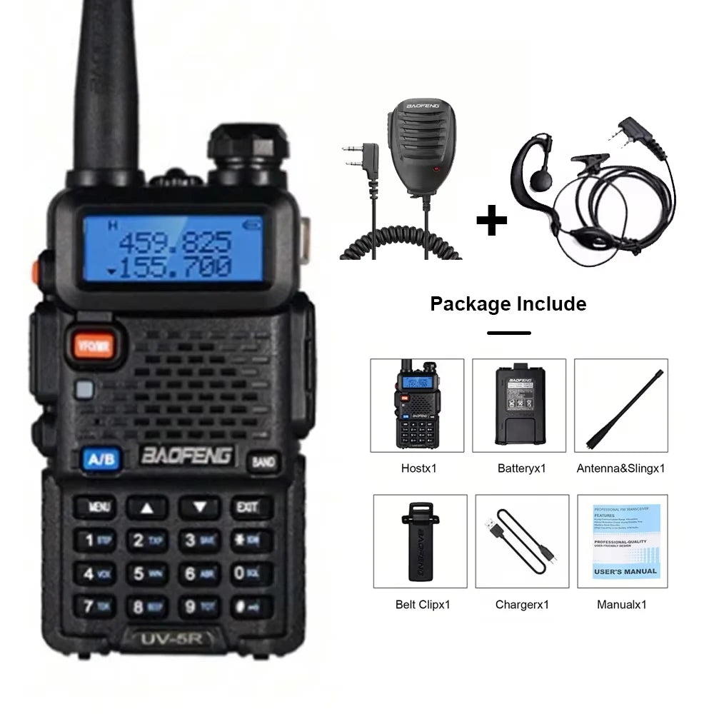 Rádio bidirecional Baofeng UV-5R - Rádio amador de banda dupla VHF/UHF com carregamento USB