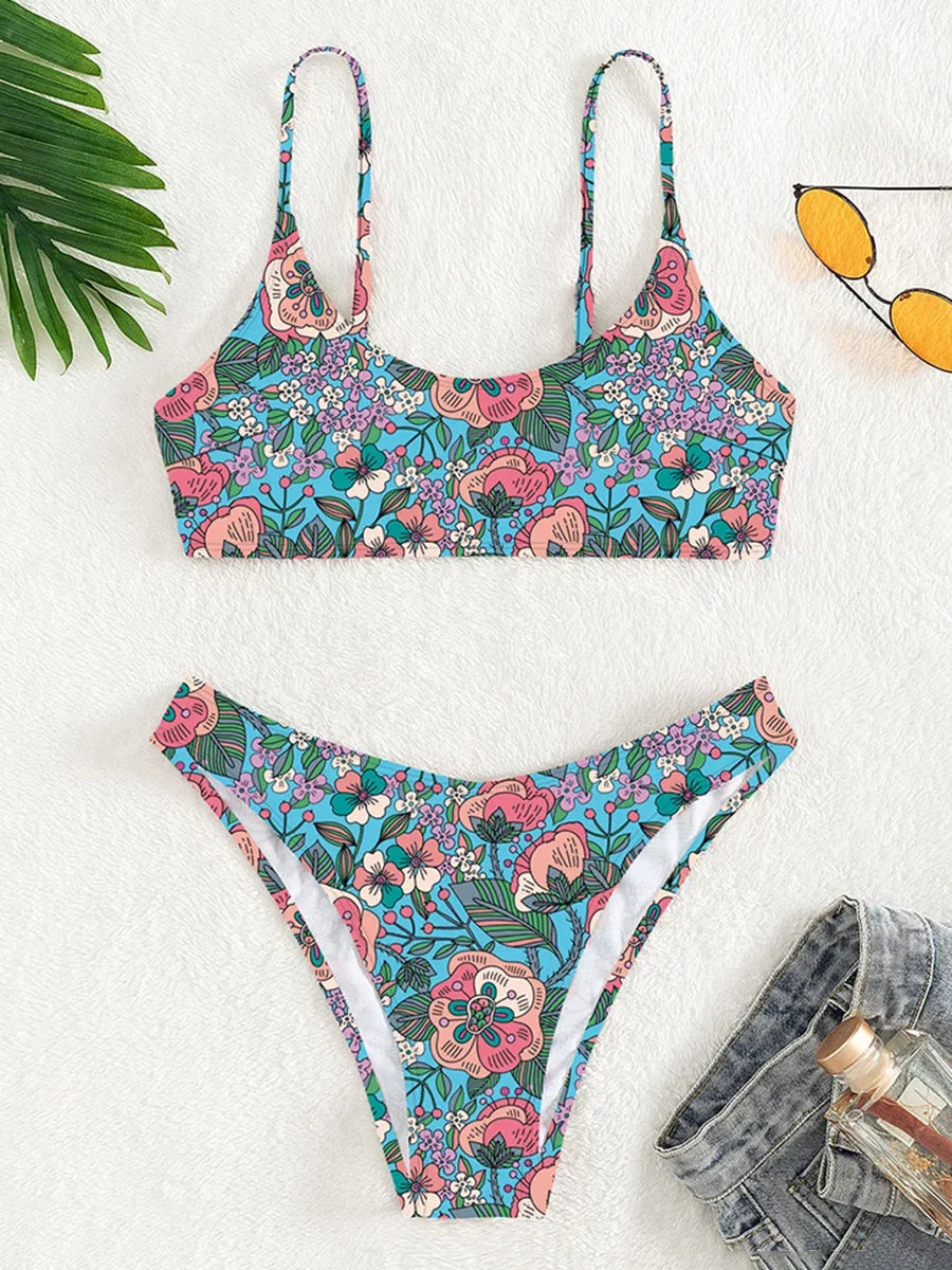 Biquíni brasileiro com estampa floral, maiô feminino, conjunto de biquíni de duas peças, roupa de banho para praia no verão.