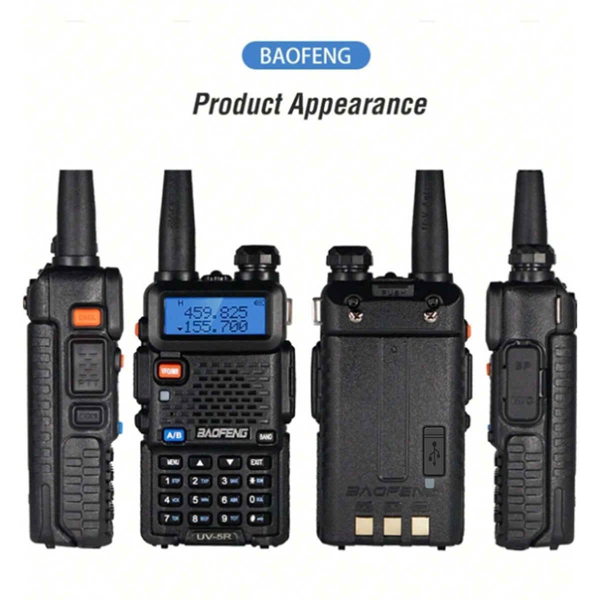 Rádio bidirecional Baofeng UV-5R - Rádio amador de banda dupla VHF/UHF com carregamento USB