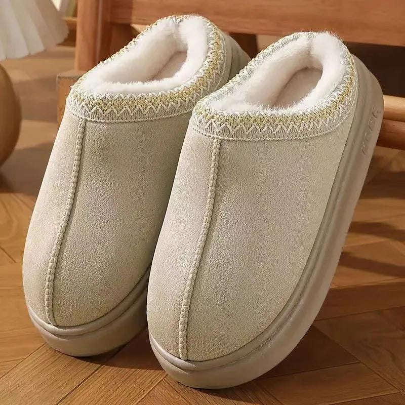 Pantufas de inverno femininas - Pantufas de pelúcia bordadas e antiderrapantes para uso interno com sola grossa.