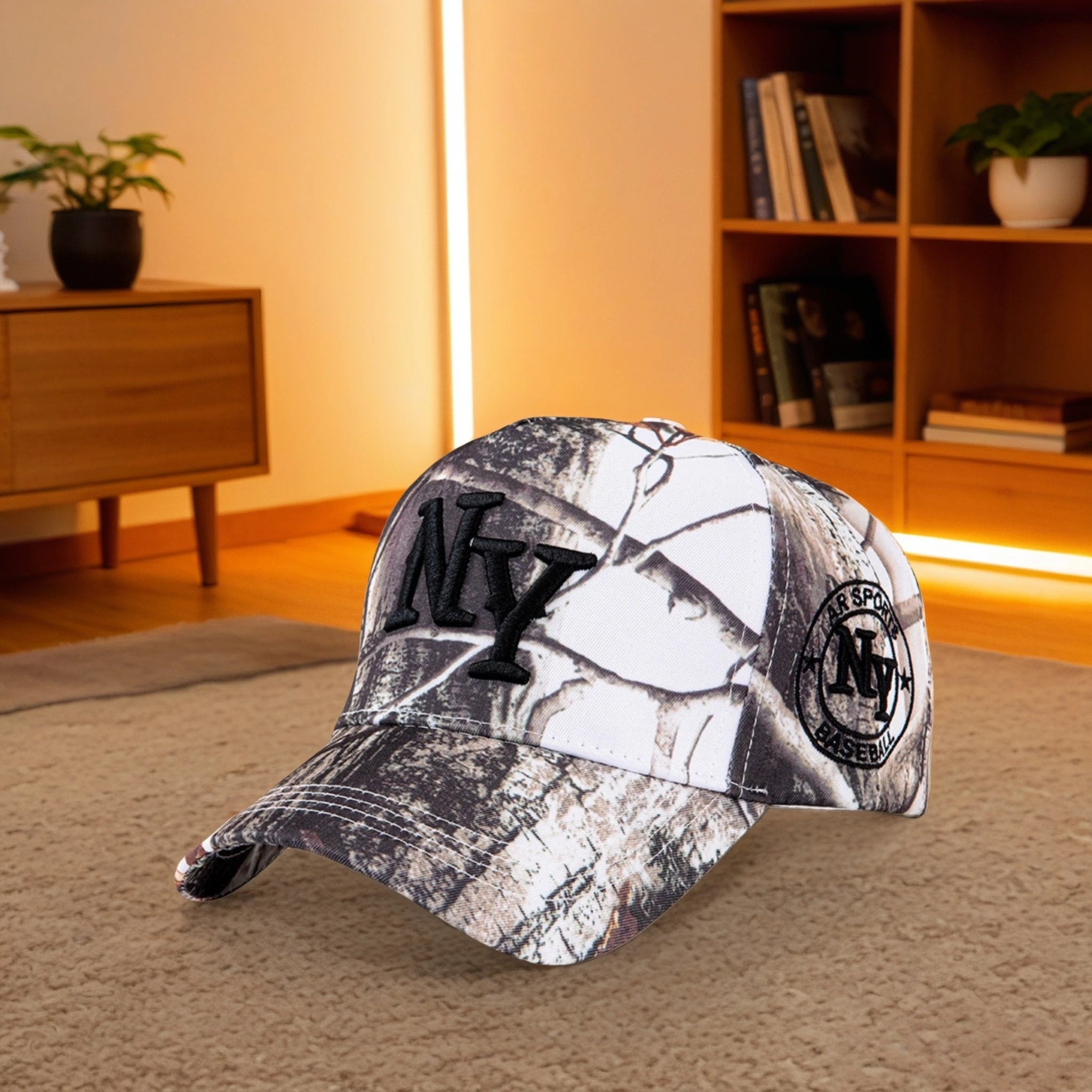 Orange Camo NY Baseball Cap - Leaf Pattern Embroidered Snapback Hat for Street Style