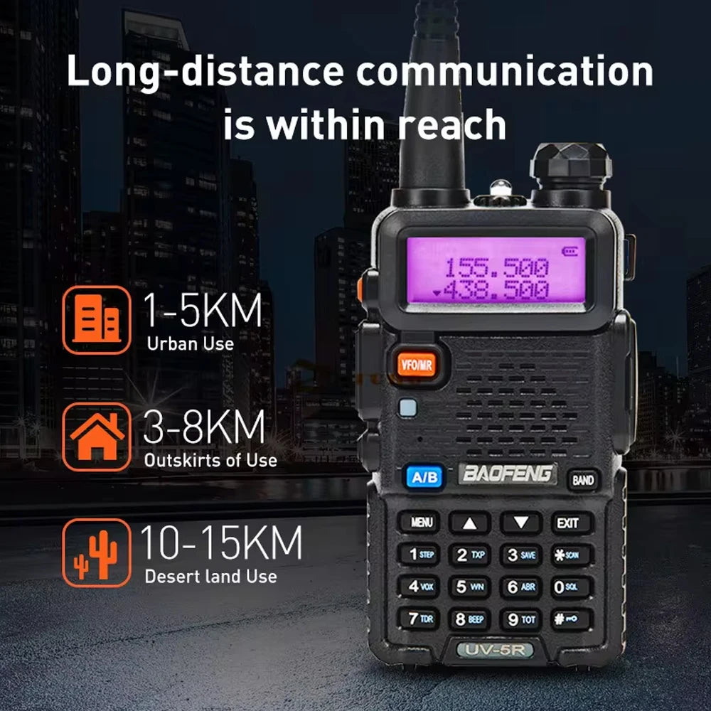 Rádio bidirecional Baofeng UV-5R - Rádio amador de banda dupla VHF/UHF com carregamento USB