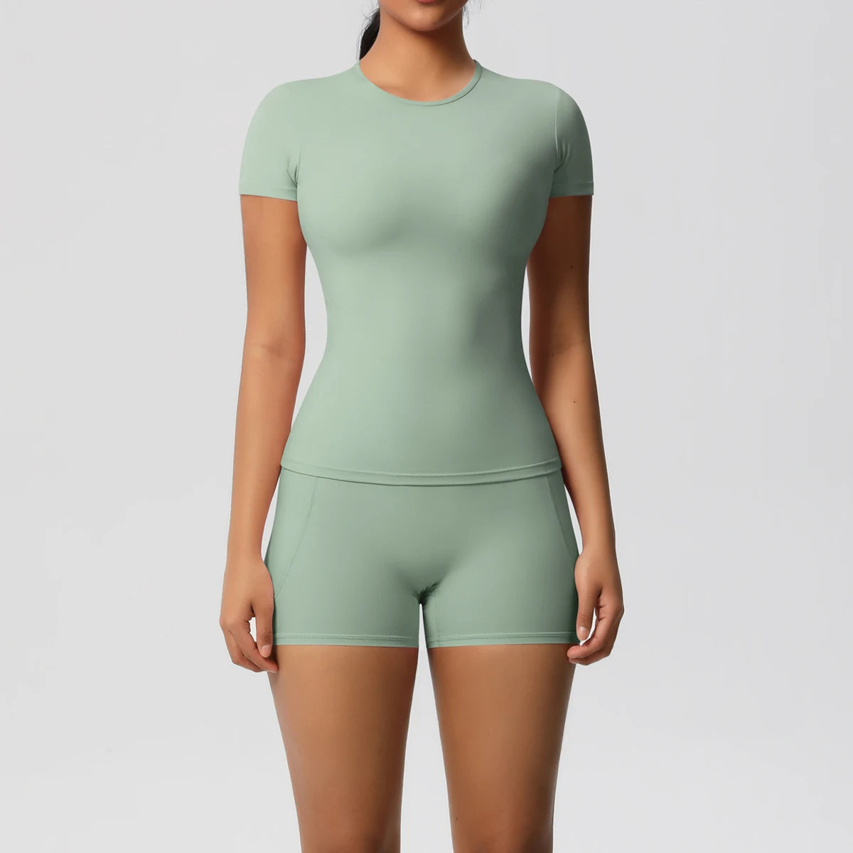 Conjunto de 2 Peças Feminino para Treino - Camisa Push-Up e Shorts Cintura Alta para Yoga e Fitness