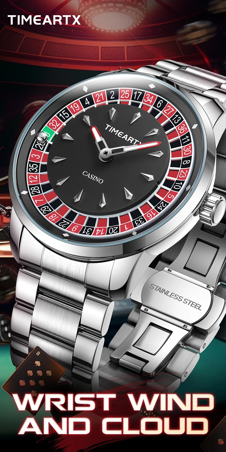 TIMEARTX Men's Poker Roulette Watch – European Design Quartz Wristwatch with Luminous Hands | Gift for Him