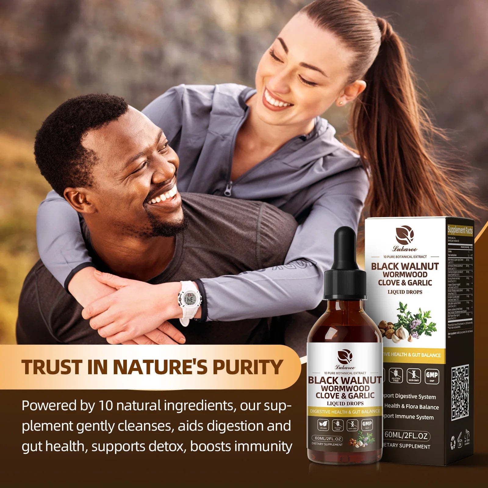 Lukaree 60ML Gotas de Nogueira Preta com Absinto, Cravo e Alho: Auxilia a digestão e a saúde imunológica, desintoxica o organismo e possui ação antioxidante.