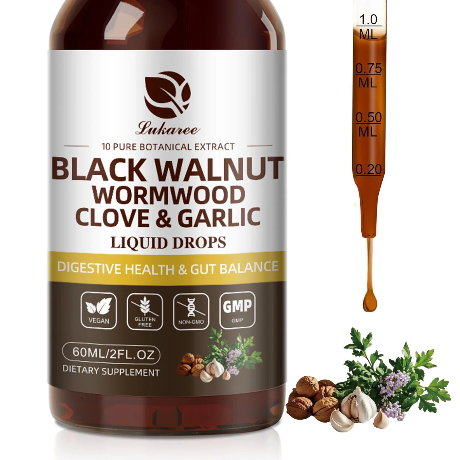 Lukaree 60ML Gotas de Nogueira Preta com Absinto, Cravo e Alho: Auxilia a digestão e a saúde imunológica, desintoxica o organismo e possui ação antioxidante.