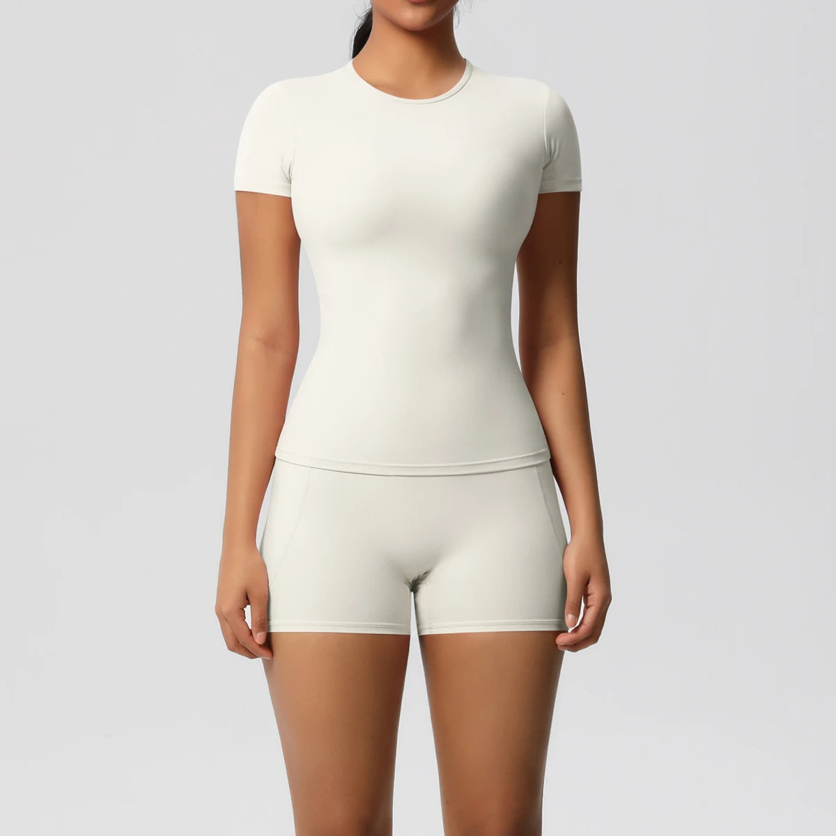 Conjunto de 2 Peças Feminino para Treino - Camisa Push-Up e Shorts Cintura Alta para Yoga e Fitness