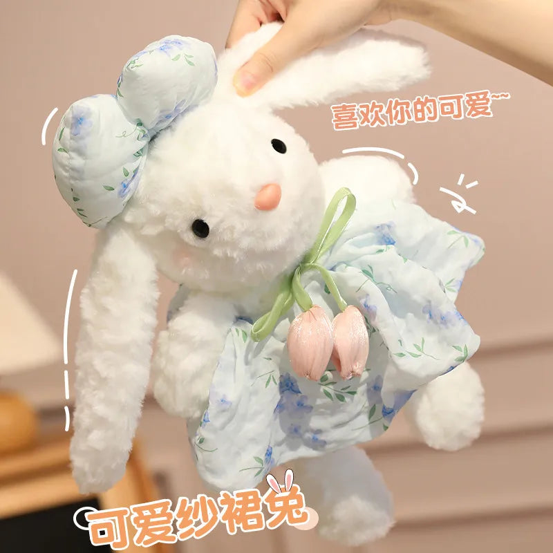 Lindo coelho de pelúcia, colorido, macio e fofo, com vestido de chiffon, boneca para acalmar e dormir, presente de aniversário.