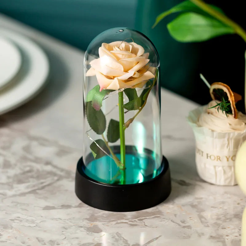 Rosa eterna de LED em cúpula de vidro - Flor com detalhes em folha de ouro para o Dia dos Namorados e Dia das Mães