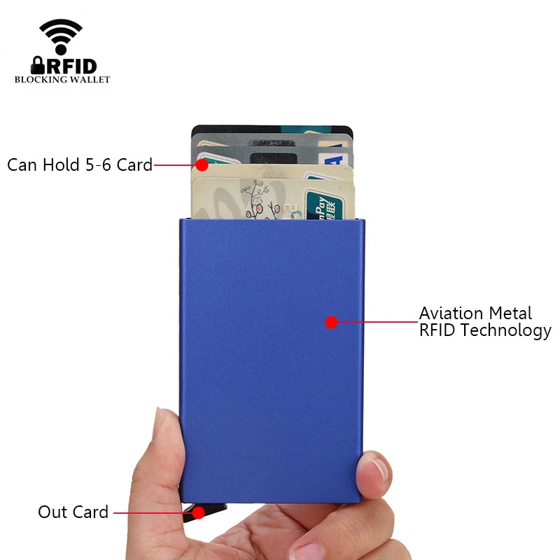 Carteira inteligente RFID, porta-cartões, fina e elegante, em metal, para homens e mulheres. Carteira minimalista com abertura automática, pequena e preta.