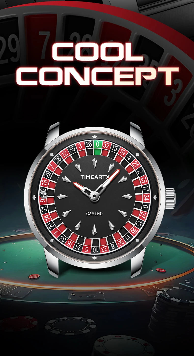 TIMEARTX Men's Poker Roulette Watch – European Design Quartz Wristwatch with Luminous Hands | Gift for Him