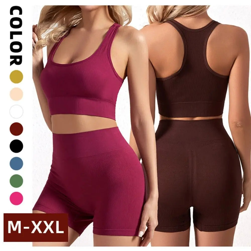 2 Pieces Seamless Workout Outfits High Waist Short Sport Bra Crop Matching Active Set Sleeveless Round Neck Tracksuit Exercise