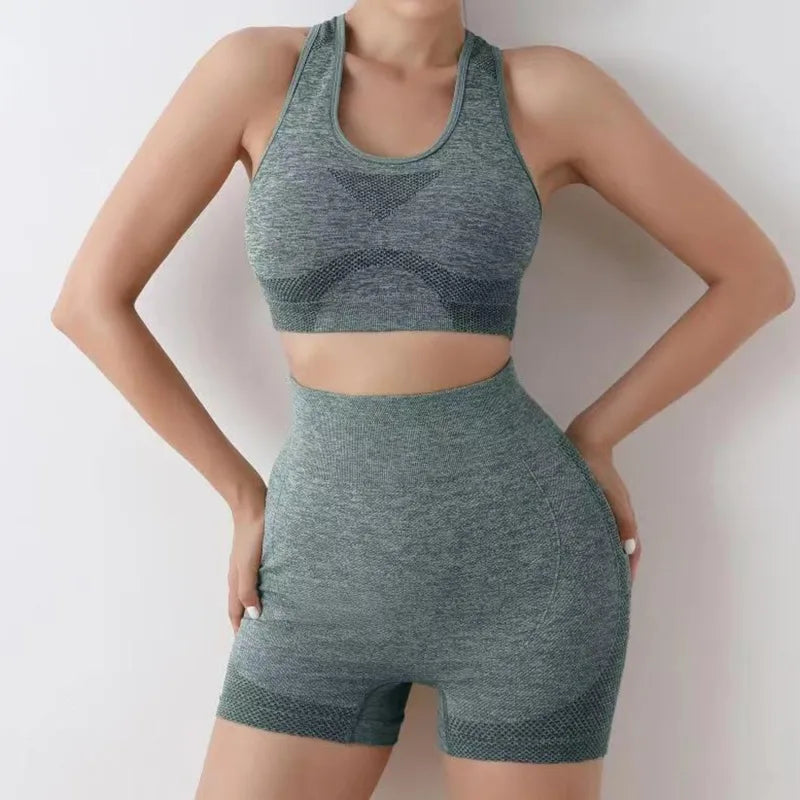 Conjunto de Yoga Feminino Sem Costura - Top Esportivo e Shorts para Treino (Conjunto de 2 Peças para Academia e Fitness)