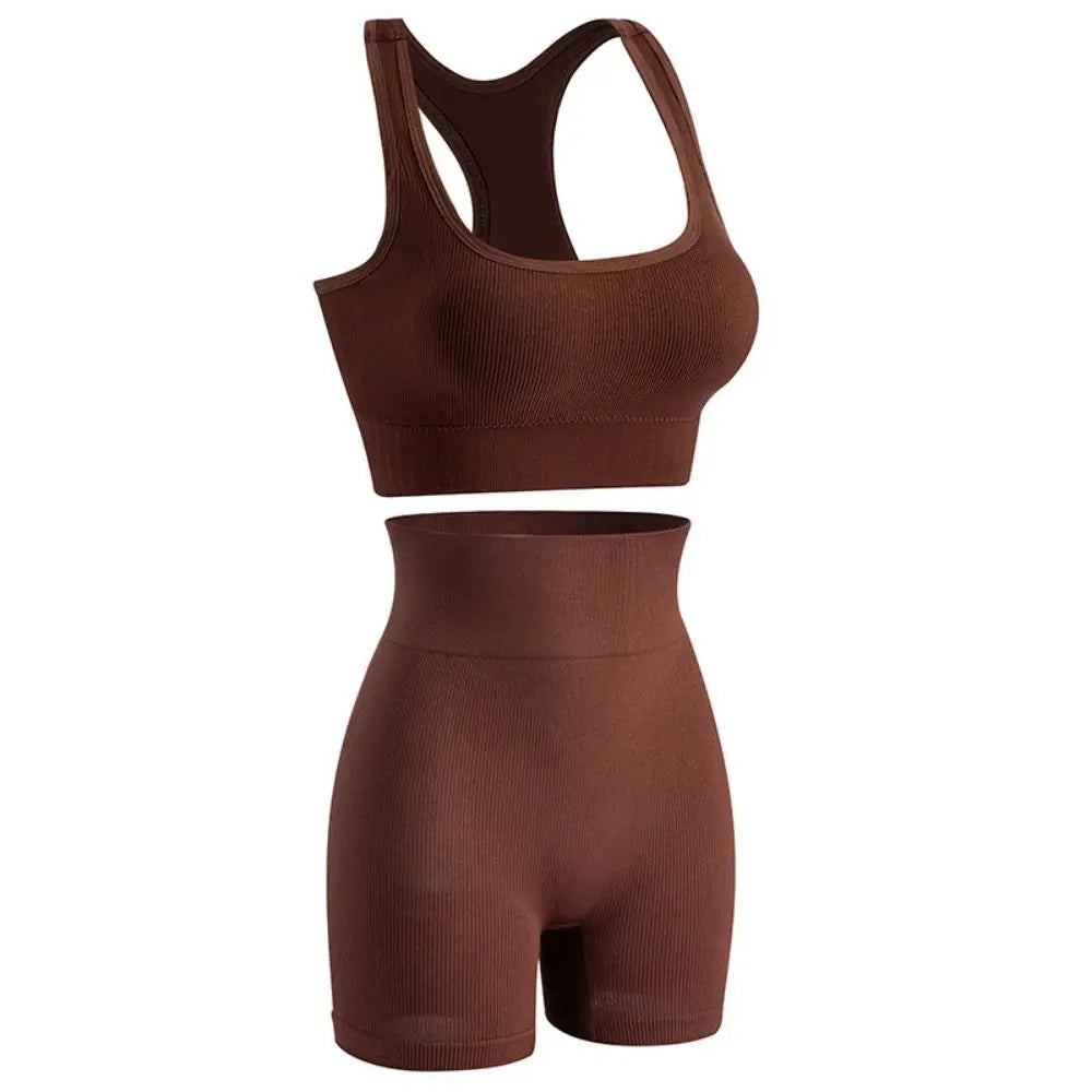 Women's 2-Piece Breathable Ribbed Workout Set - Sports Bra & High Waist Shorts (Summer Active Set)