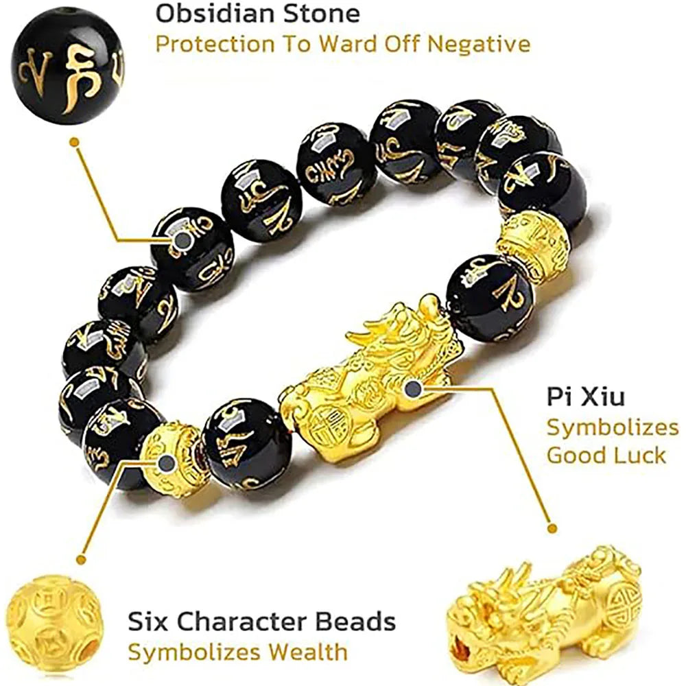 Pulseira Feng Shui Pixiu da Prosperidade com Obsidiana Negra - Pulseira Elástica com Contas de Buda da Prosperidade