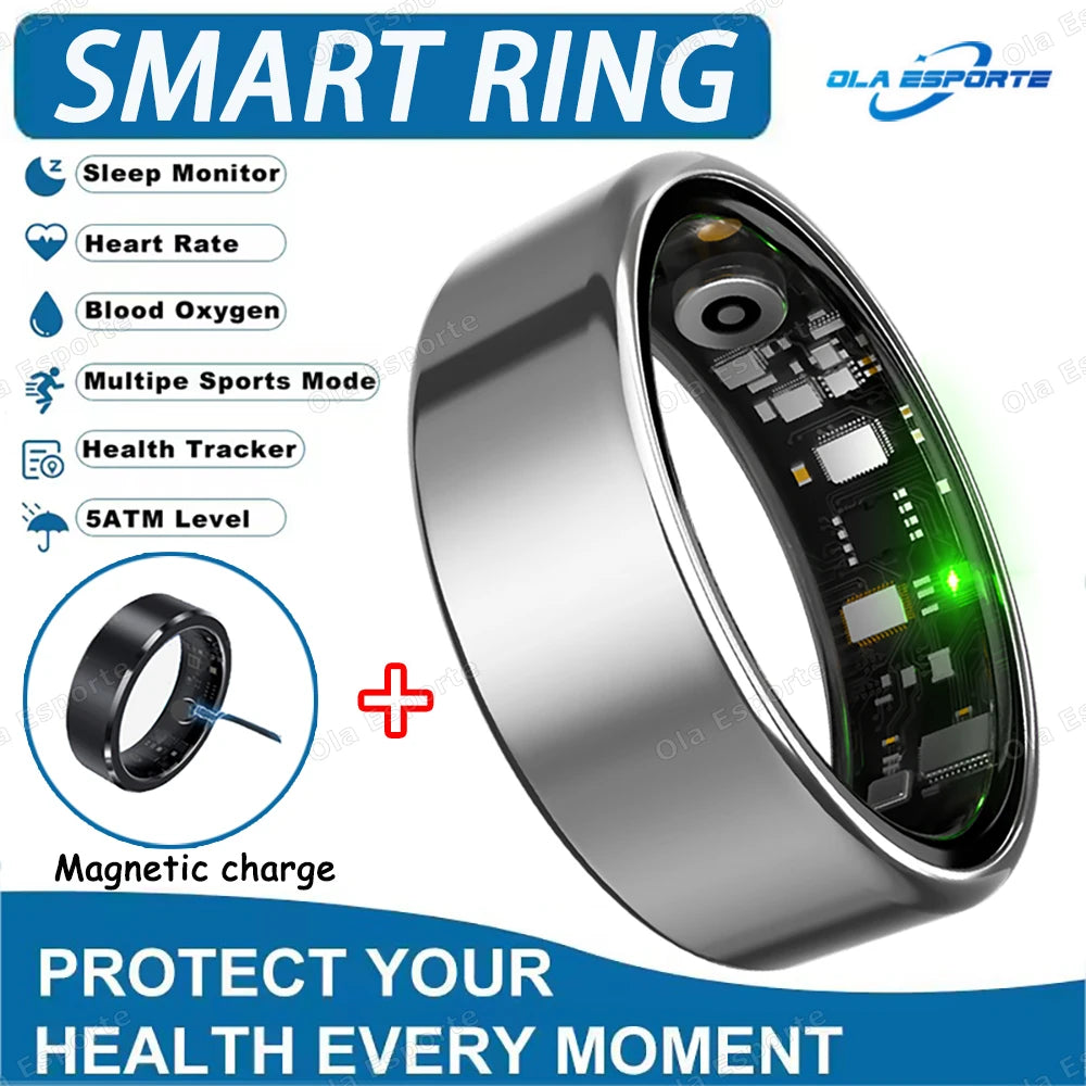Anel inteligente para homens e mulheres com câmera, monitor de frequência cardíaca e oxigenação sanguínea, à prova d'água IP68 e 5ATM, com modos multiesportivos.