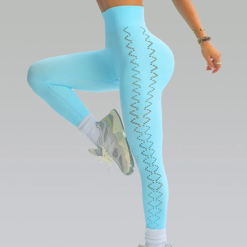 Calça legging de ioga vazada para mulheres - Calça legging de treino de cintura alta que levanta o quadril