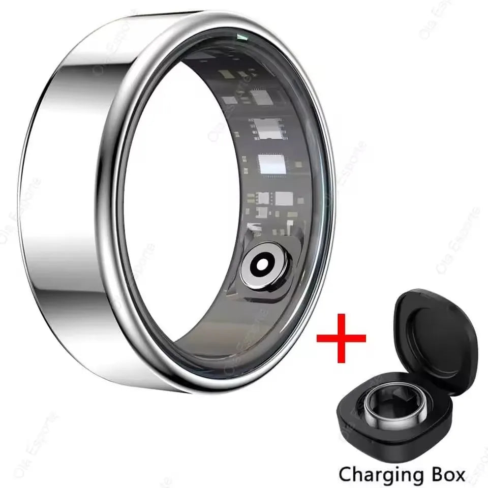 Anel Inteligente R09 para Homens e Mulheres com Estojo de Carregamento, Monitor de Frequência Cardíaca, Oxigenação Sanguínea e Temperatura da Pele, Resistente à Água 5ATM para Android e iOS