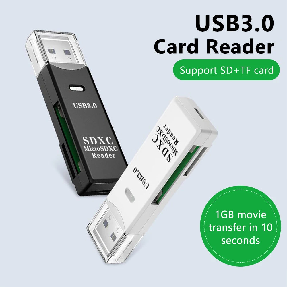 Leitor de cartão USB 3.0 2 em 1, leitor de cartão Micro TF SD, adaptador USB, leitor de cartão de alta velocidade, leitor de cartão de memória TF para acessórios de PC e laptop.