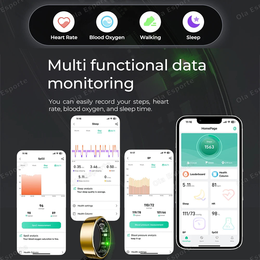 Anel inteligente para homens e mulheres com câmera, monitor de frequência cardíaca e oxigenação sanguínea, à prova d'água IP68 e 5ATM, com modos multiesportivos.