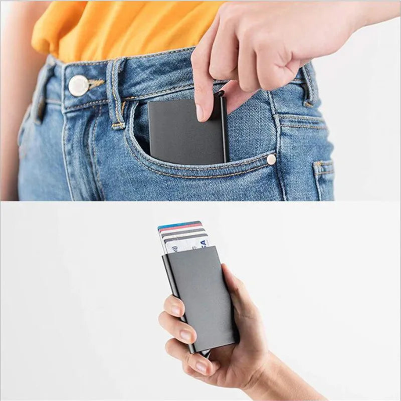 Carteira inteligente RFID, porta-cartões, fina e elegante, em metal, para homens e mulheres. Carteira minimalista com abertura automática, pequena e preta.