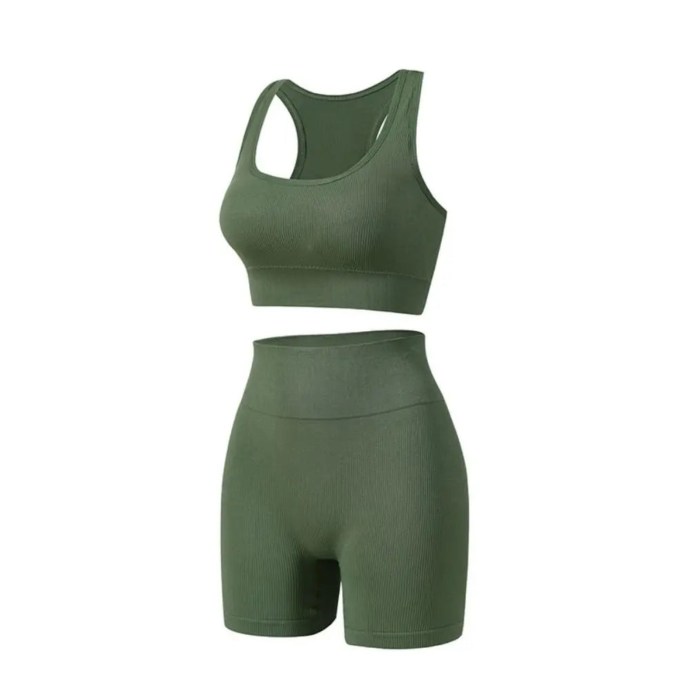 2 Pieces Seamless Workout Outfits High Waist Short Sport Bra Crop Matching Active Set Sleeveless Round Neck Tracksuit Exercise