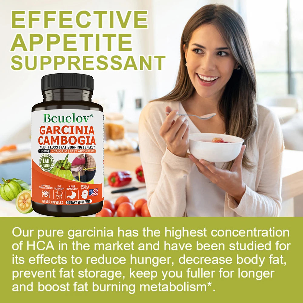 Cápsulas de Garcinia Cambogia Bcuelov para queima de gordura, limpeza intestinal e controle de peso para homens e mulheres, NÃO OGM