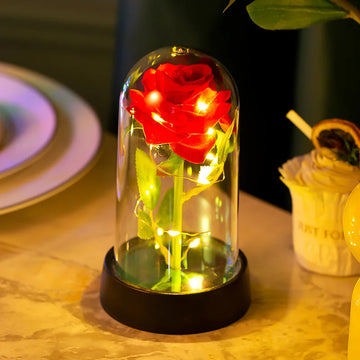 Rosa eterna de LED em cúpula de vidro - Flor com detalhes em folha de ouro para o Dia dos Namorados e Dia das Mães