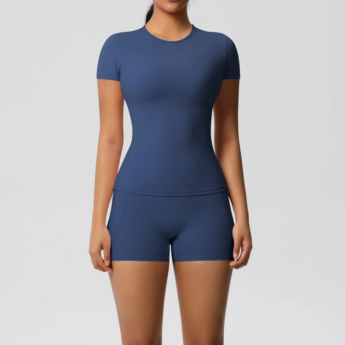 Conjunto de 2 Peças Feminino para Treino - Camisa Push-Up e Shorts Cintura Alta para Yoga e Fitness